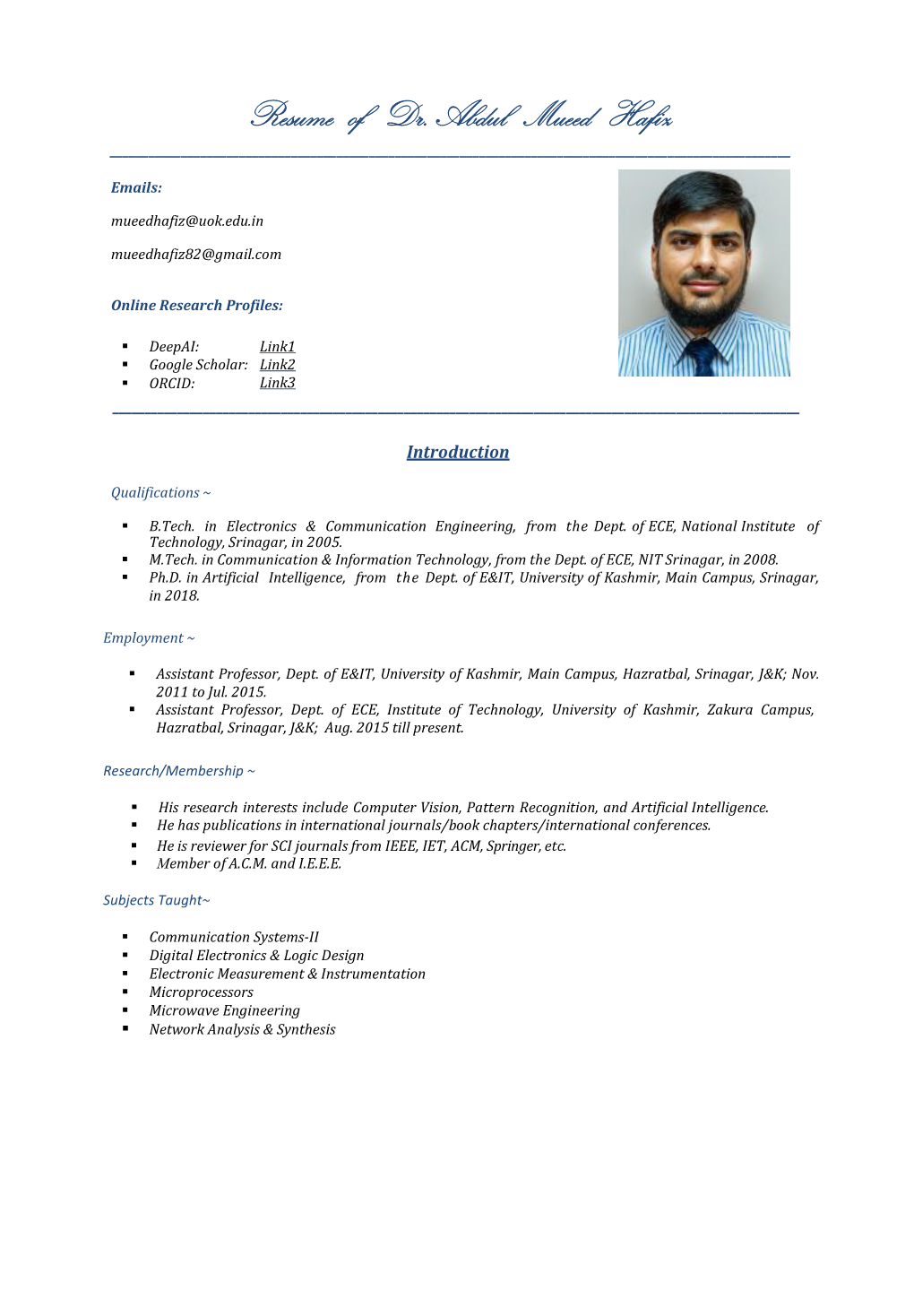 Resume of Dr. Abdul Mueed Hafiz ______