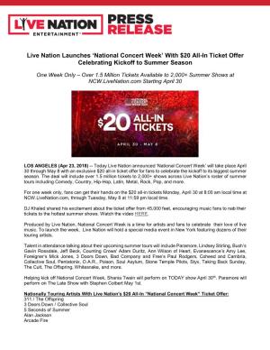 Live Nation Launches 'National Concert Week' with $20 All-In