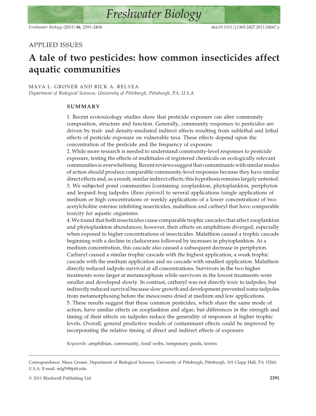 A Tale of Two Pesticides: How Common Insecticides Affect Aquatic Communities