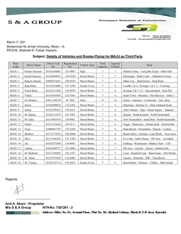 Subject: Details of Vehicles and Routes Plying for MAJU As Third Party