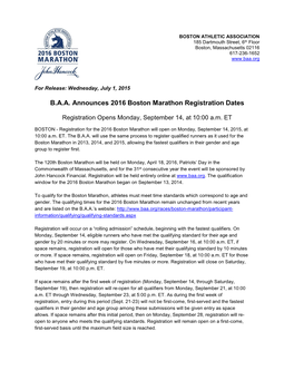 B.A.A. Announces 2016 Boston Marathon Registration Dates