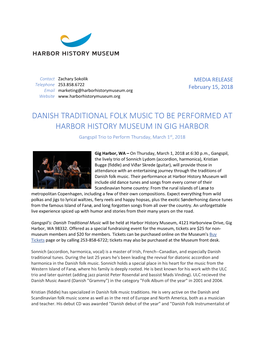 DANISH TRADITIONAL FOLK MUSIC to BE PERFORMED at HARBOR HISTORY MUSEUM in GIG HARBOR Gangspil Trio to Perform Thursday, March 1St, 2018