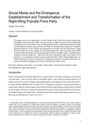 Social Media and the Emergence, Establishment and Transformation of the Right-Wing Populist Finns Party