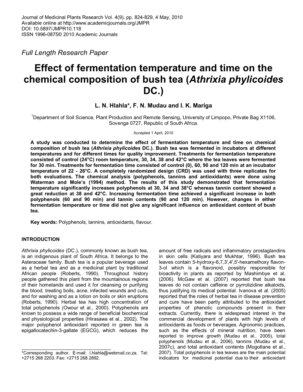 Effect of Fermentation Time and Temperature On