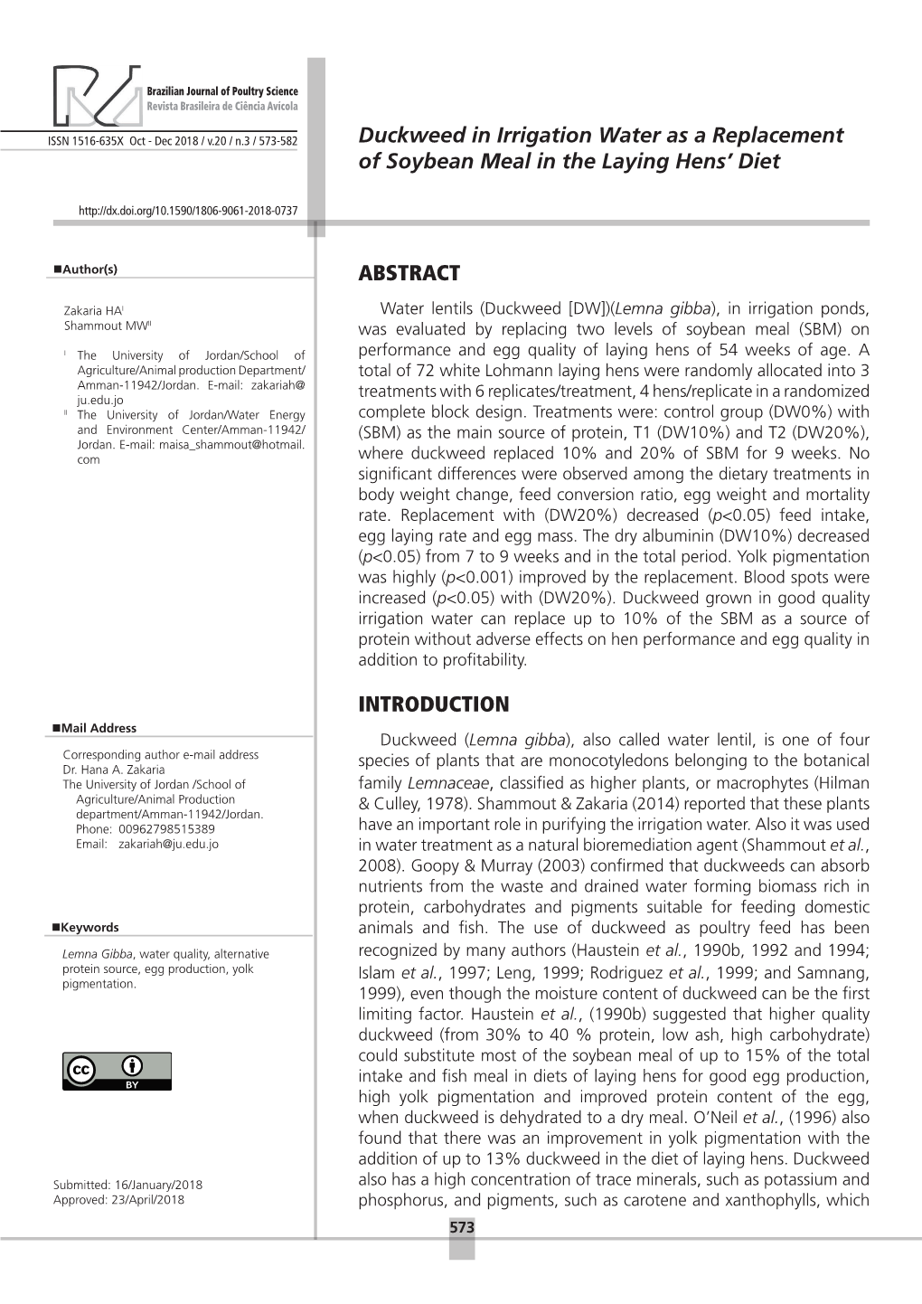 Duckweed in Irrigation Water As a Replacement of Soybean Meal in the Laying Hens’ Diet