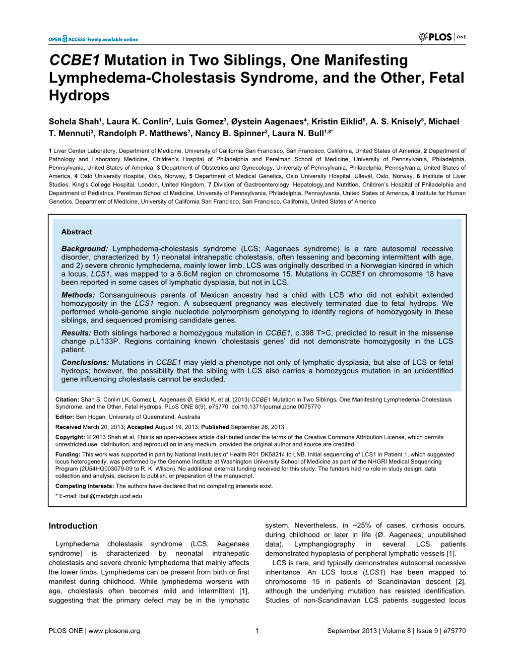 CCBE1 Mutation in Two Siblings, One Manifesting Lymphedema-Cholestasis Syndrome, and the Other, Fetal Hydrops