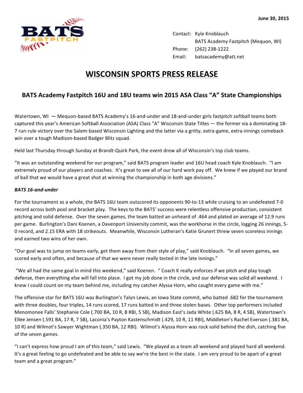 2015 ASA State BATS Press Release V3