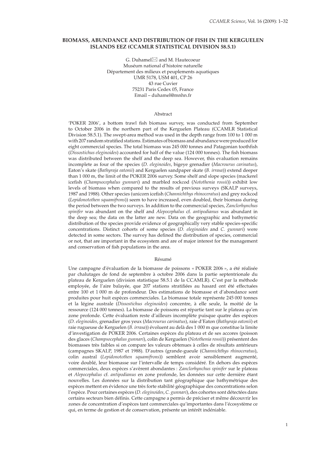 BIOMASS, ABUNDANCE and DISTRIBUTION of FISH in the KERGUELEN ISLANDS EEZ (CCAMLR Statistical DIVISION 58.5.1)