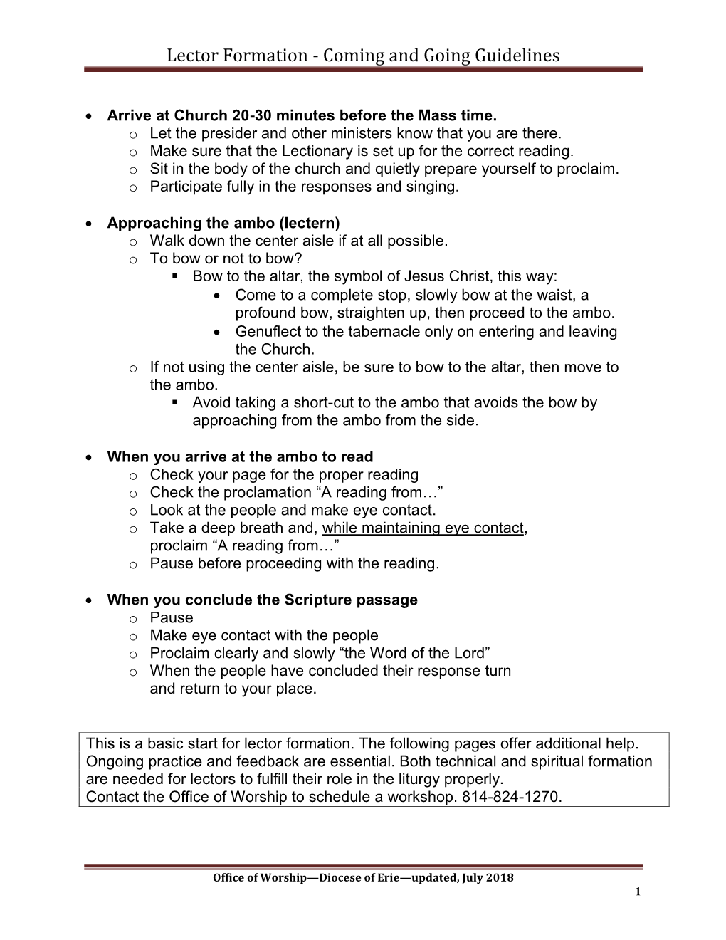 Lector Formation - Coming and Going Guidelines