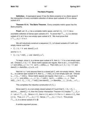 Math 752 187 Spring 2011 the Baire Property Definition. a Topological Space X Has the Baire Property Or Is a Baire Space If