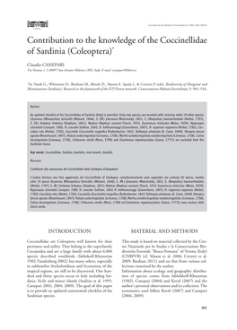Contribution to the Knowledge of the Coccinellidae of Sardinia (Coleoptera) *