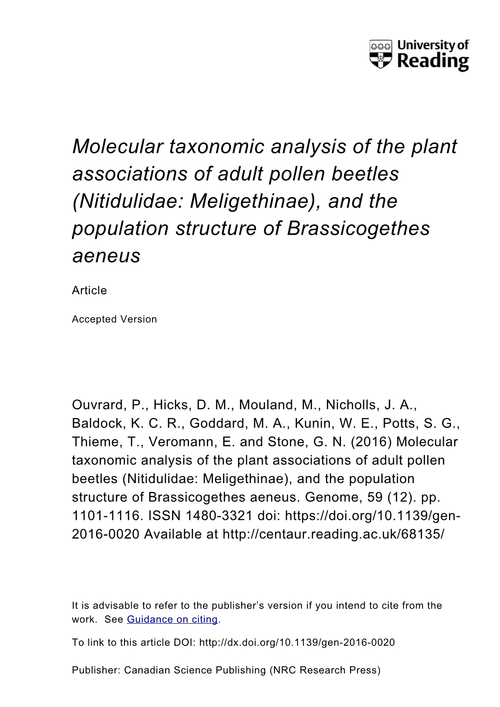 Molecular Taxonomic Analysis of the Plant Associations of Adult Pollen Beetles (Nitidulidae: Meligethinae), and the Population Structure of Brassicogethes Aeneus