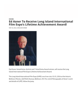 Ed Asner to Receive Long Island International Film Expo’S Lifetime Achievement Award! MAY 10, 2016 | SHELDON WIEBE