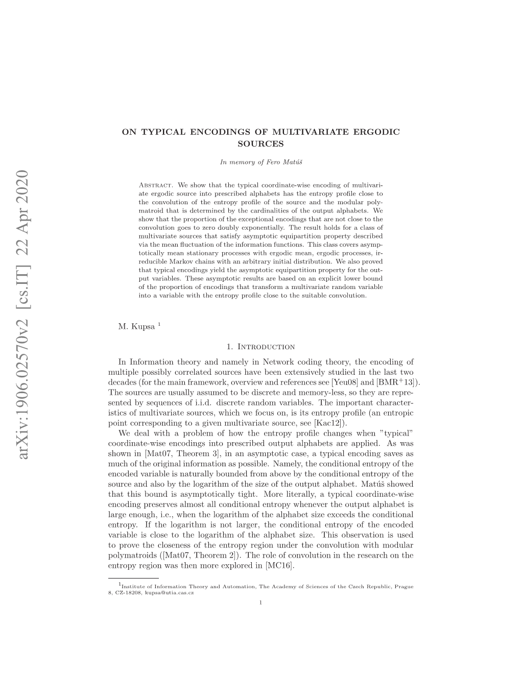 Arxiv:1906.02570V2 [Cs.IT] 22 Apr 2020 on Orsodn Oagvnmliait Ore E [Kac12])