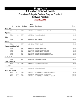 Apple, Inc. Education Finished Goods Education, Collegiate Purchase Program Premier / Software Price List May 12, 2009