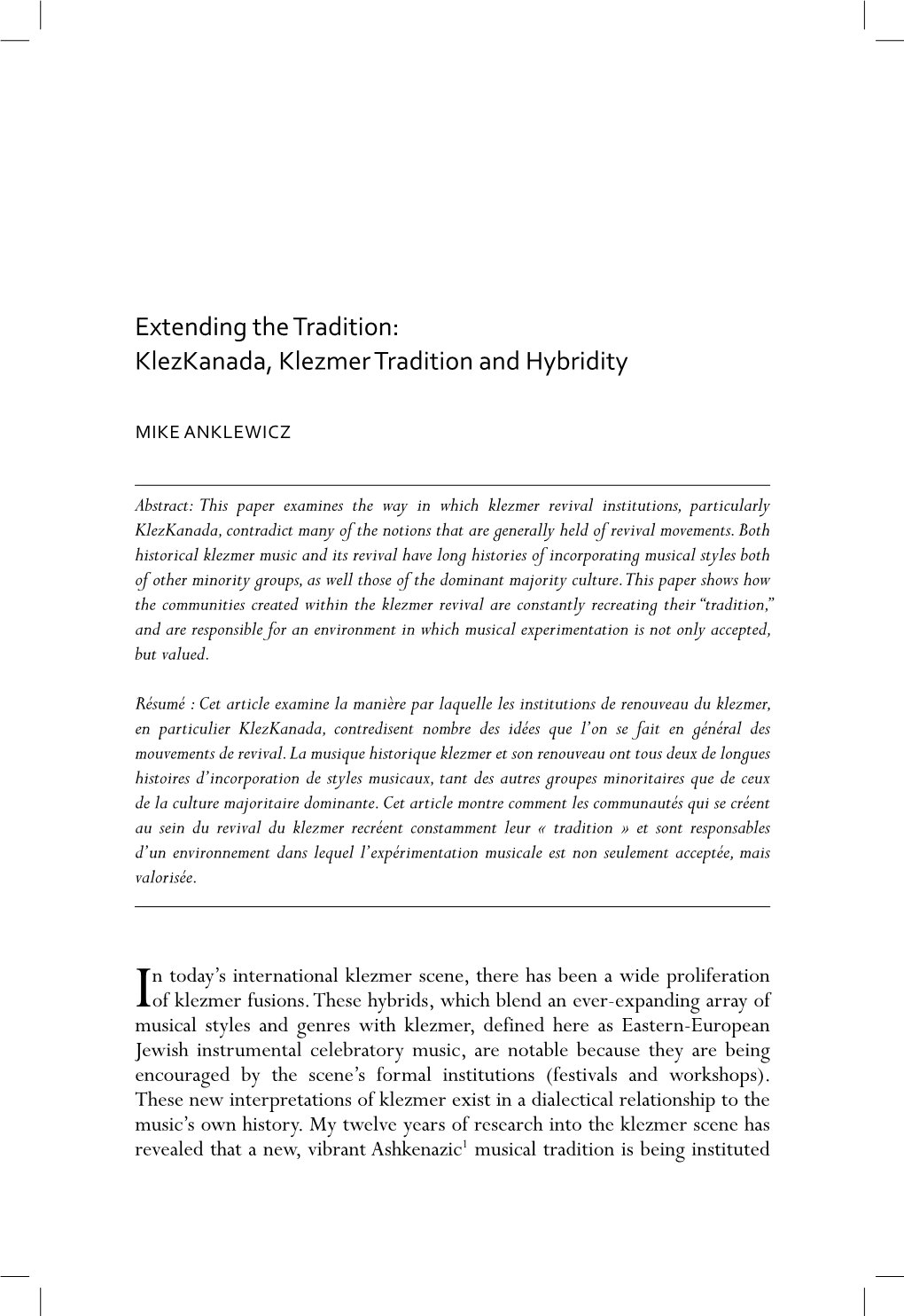 Extending the Tradition: Klezkanada, Klezmer Tradition and Hybridity