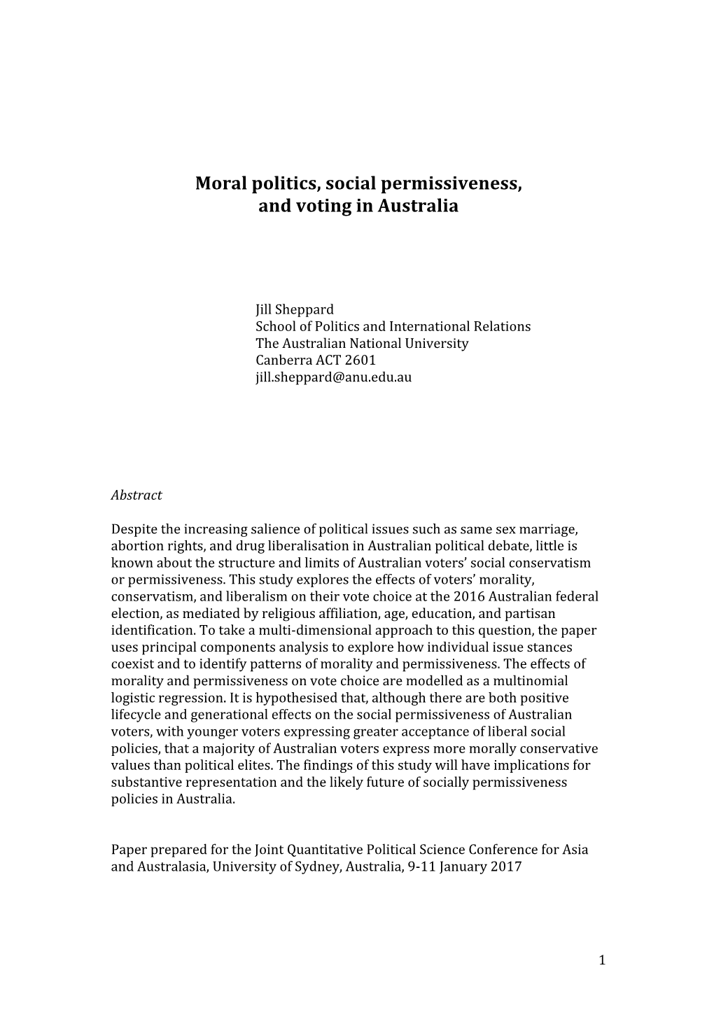 Moral Politics, Social Permissiveness, and Voting in Australia