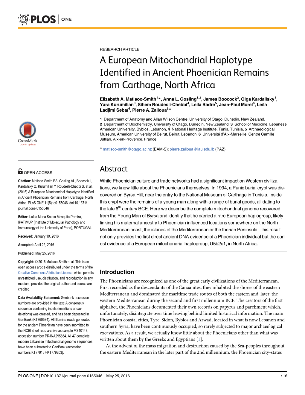 A European Mitochondrial Haplotype Identified in Ancient Phoenician Remains from Carthage, North Africa