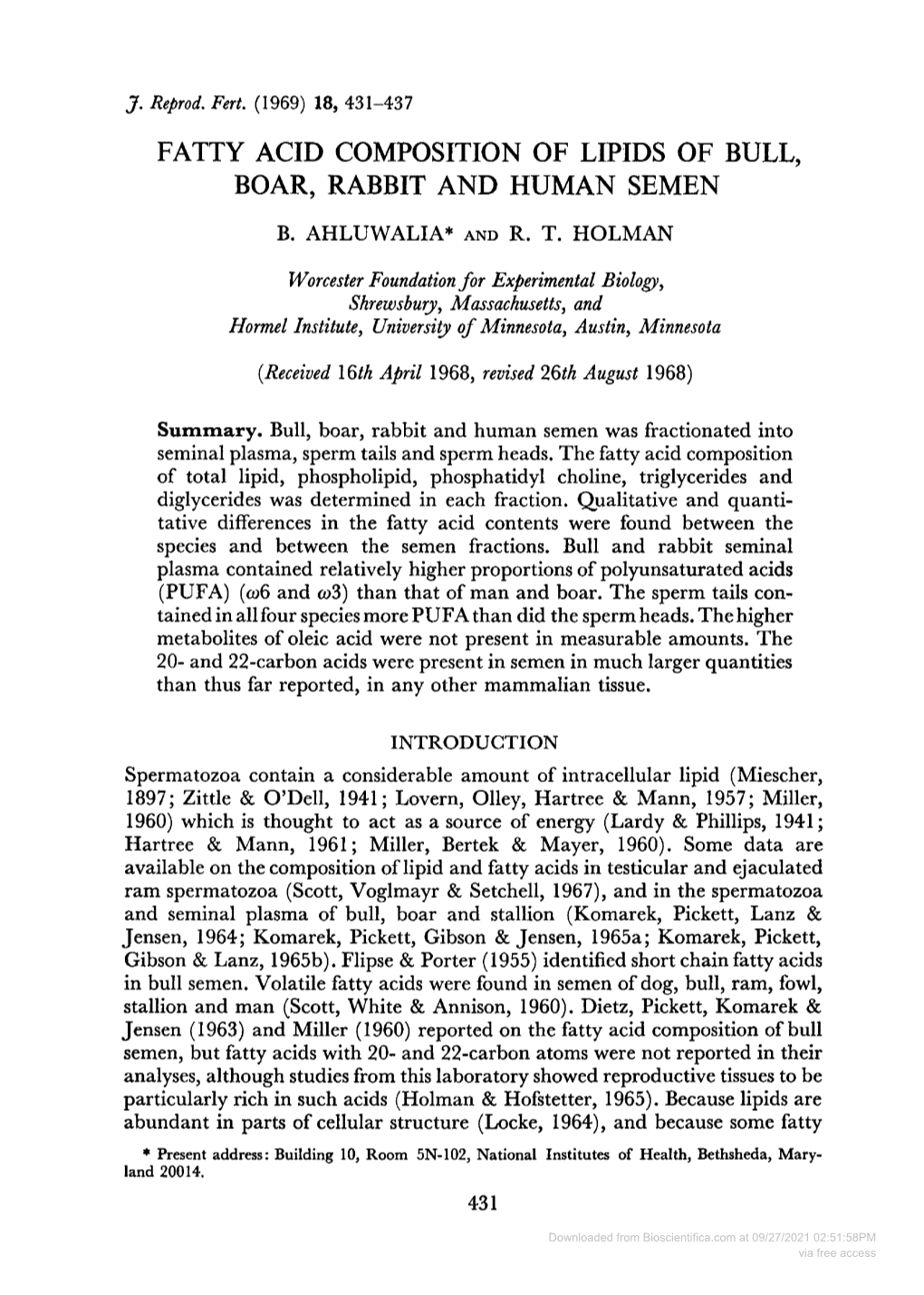 Fatty Acid Composition of Lipids of Bull, Boar, Rabbit and Human Semen