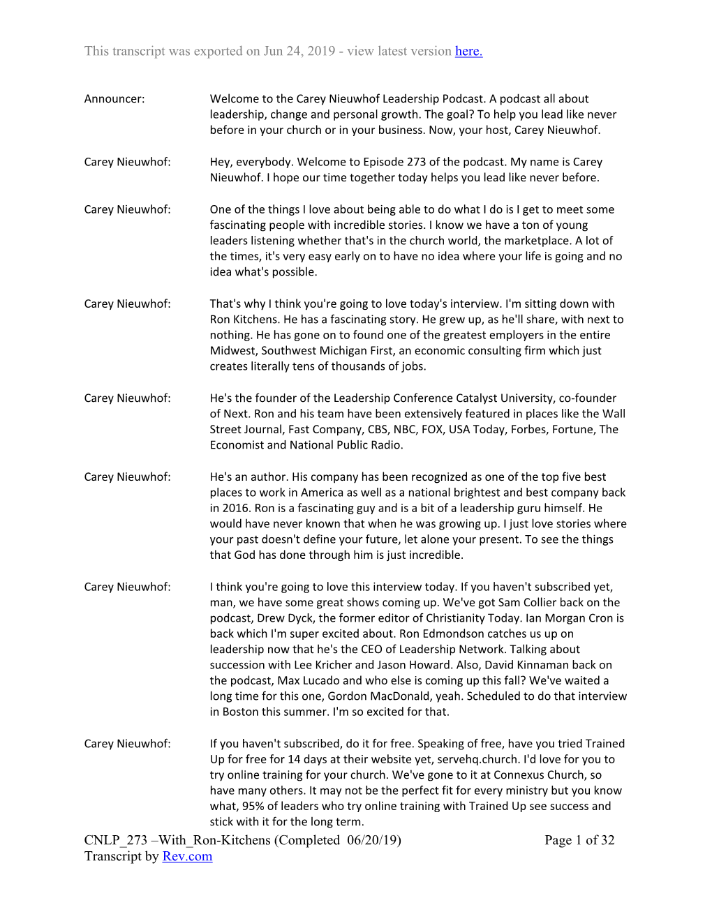 With Ron-Kitchens (Completed 06/20/19) Page 1 of 32 Transcript by Rev.Com This Transcript Was Exported on Jun 24, 2019 - View Latest Version Here