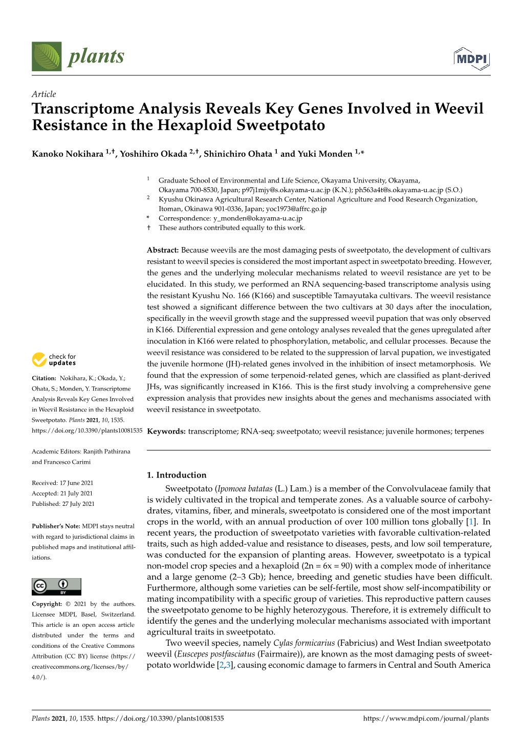 Transcriptome Analysis Reveals Key Genes Involved in Weevil Resistance in the Hexaploid Sweetpotato