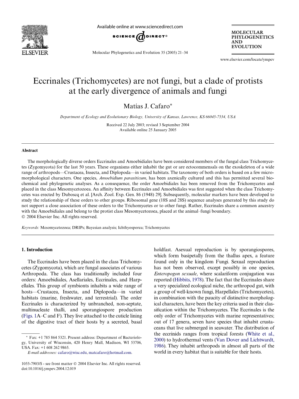 Eccrinales (Trichomycetes) Are Not Fungi, but a Clade of Protists at the Early Divergence of Animals and Fungi