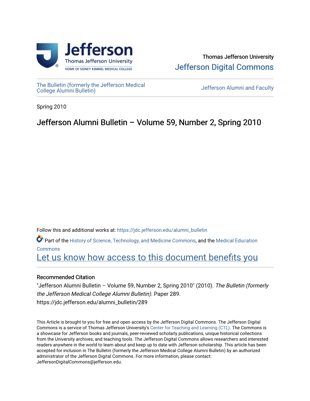 Jefferson Alumni Bulletin – Volume 59, Number 2, Spring 2010