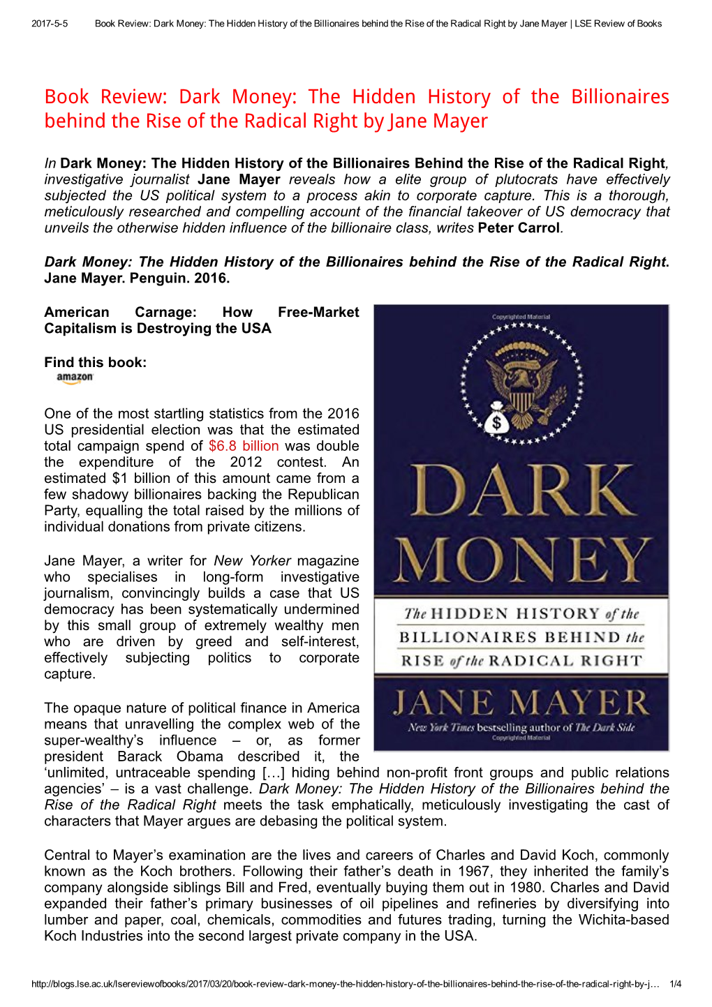 Book Review: Dark Money: the Hidden History of the Billionaires Behind the Rise of the Radical Right by Jane Mayer | LSE Review of Books