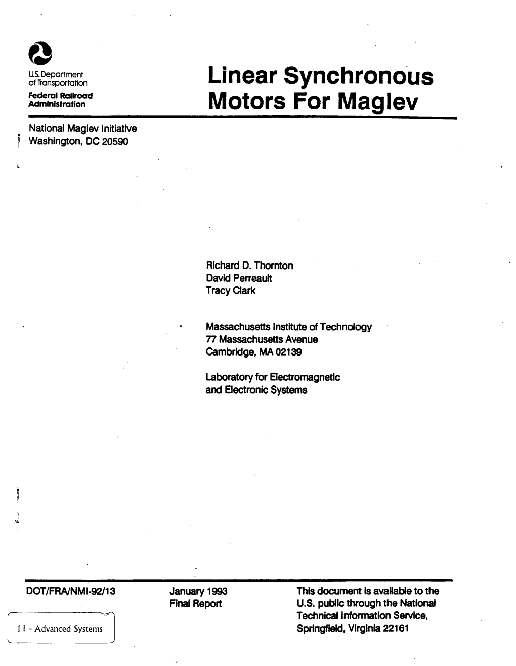 Linear Synchronous Motors for MAGLEV, US DOT, FRA, NMI, Richard D Thorton, 1993 -11-Advanced’ Systems