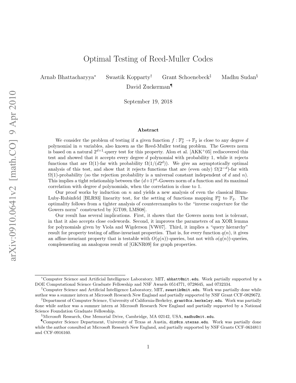 Optimal Testing of Reed-Muller Codes