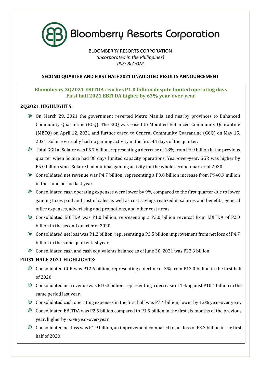 BLOOMBERRY RESORTS CORPORATION (Incorporated in the Philippines) PSE: BLOOM SECOND QUARTER and FIRST HALF 2021 UNAUDITED RESULTS