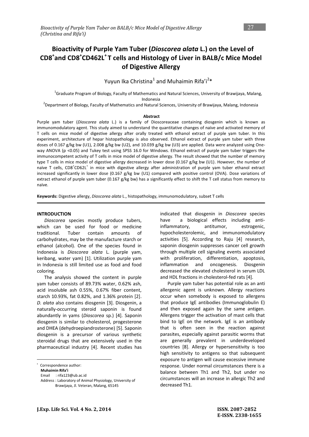 Bioactivity of Purple Yam Tuber (Dioscorea Alata L.) on the Level of CD8+And CD8+CD462L+ T Cells and Histology of Liver in BALB/C Mice Model of Digestive Allergy