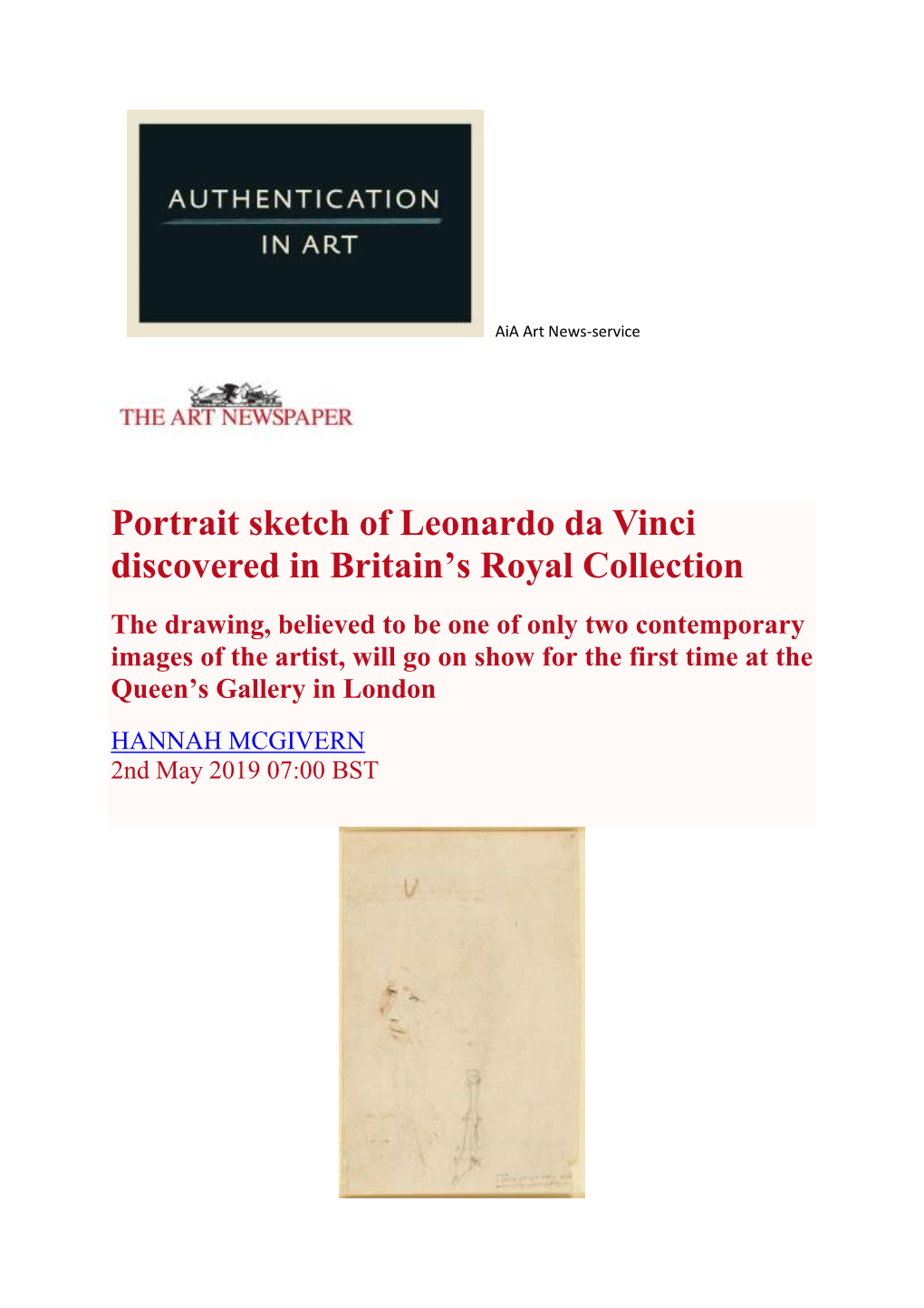 Portrait Sketch of Leonardo Da Vinci Discovered in Britain's Royal