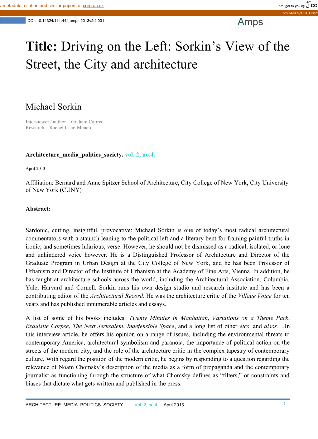 Sorkin's View of the Street, the City and Architecture