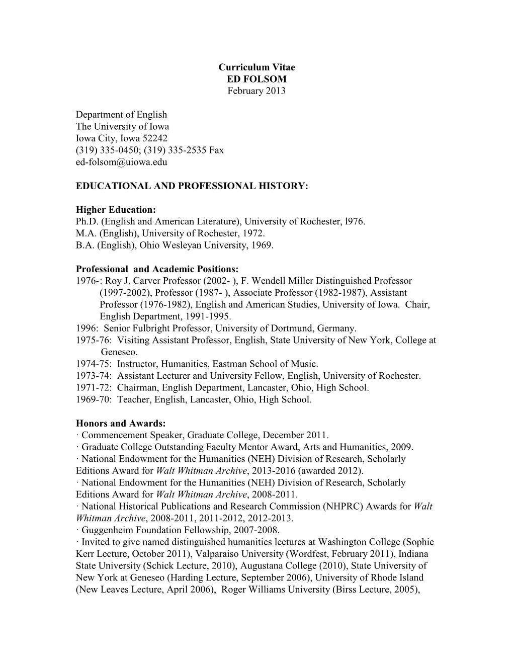 Curriculum Vitae ED FOLSOM February 2013 Department Of