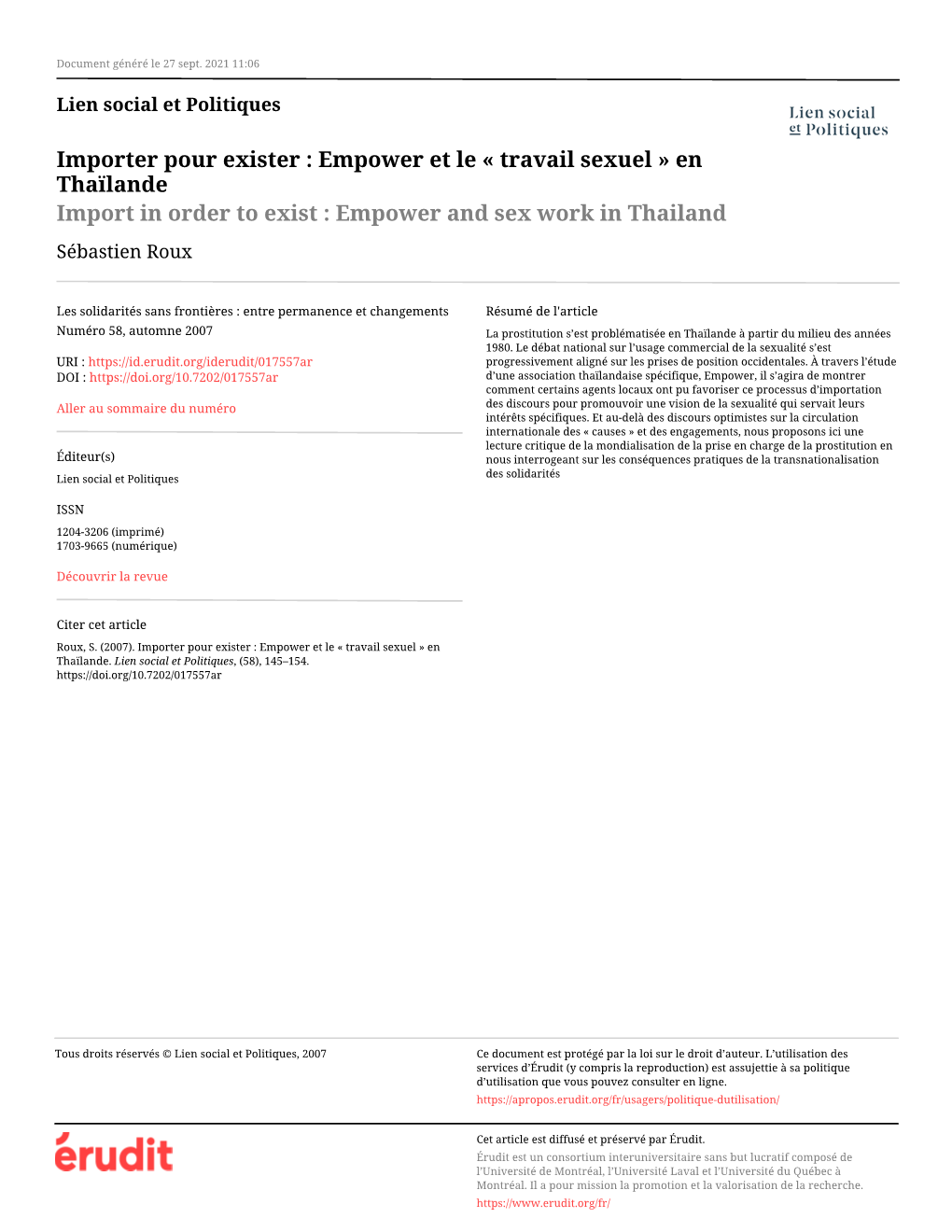 Importer Pour Exister : Empower Et Le « Travail Sexuel » En Thaïlande Import in Order to Exist : Empower and Sex Work in Thailand Sébastien Roux