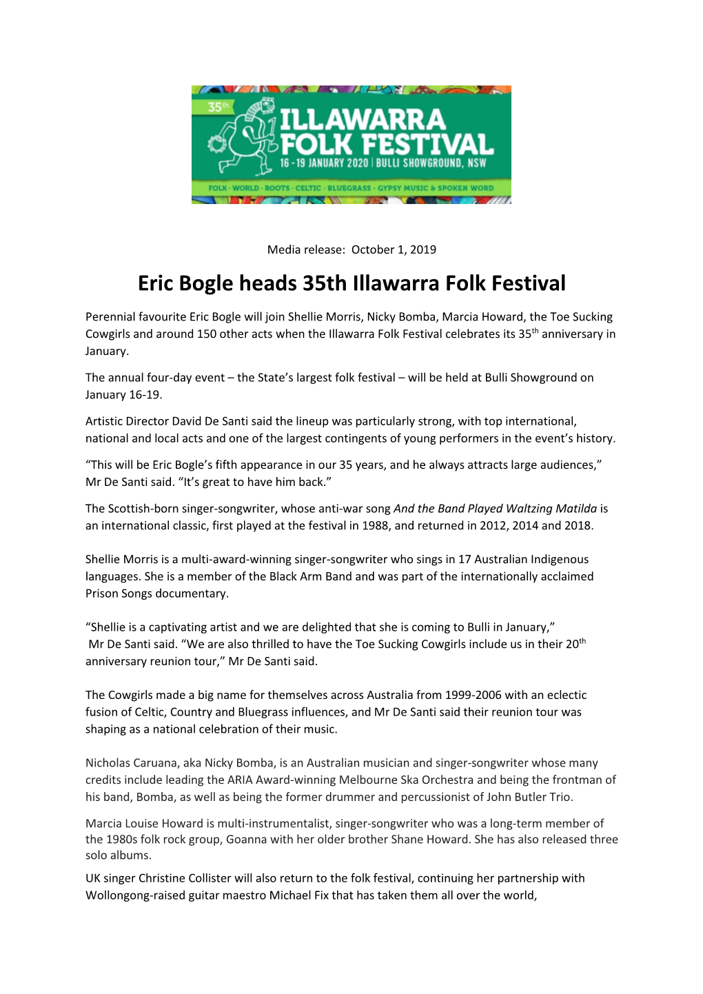 Eric Bogle Heads 35Th Illawarra Folk Festival