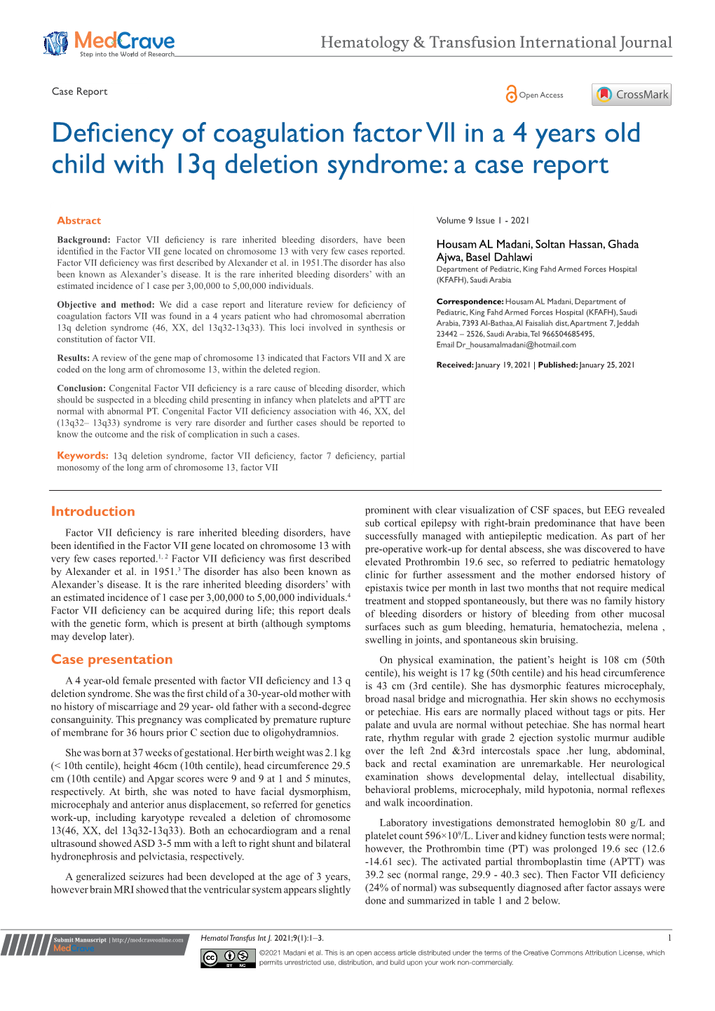 Deficiency of Coagulation Factor Vll in a 4 Years Old Child with 13Q Deletion Syndrome: a Case Report