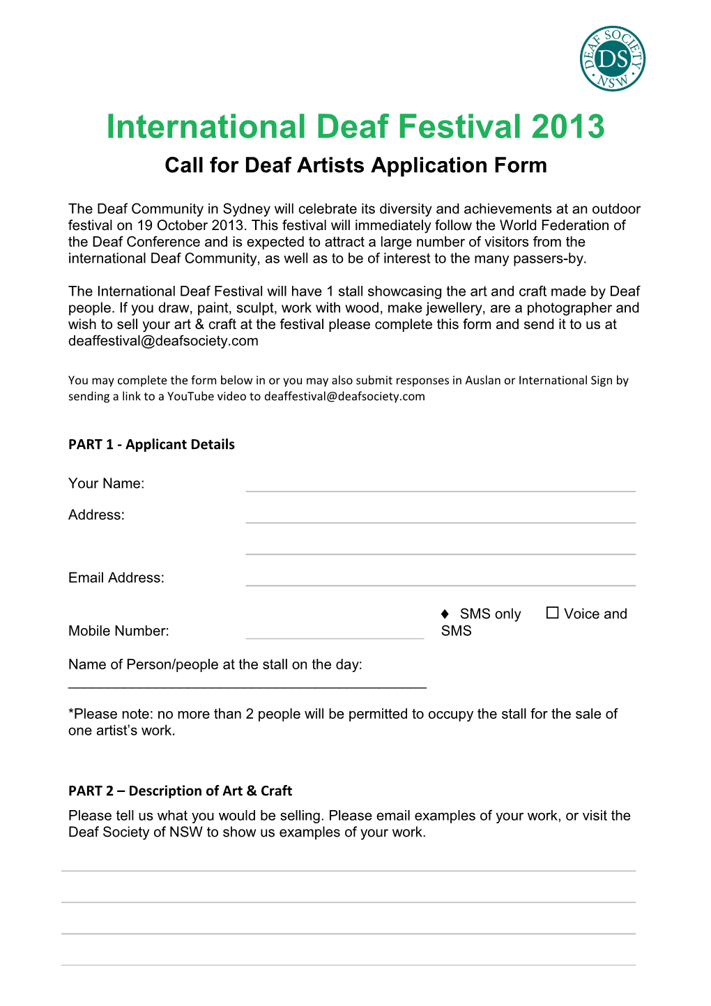 Call for Deaf Artists Application Form