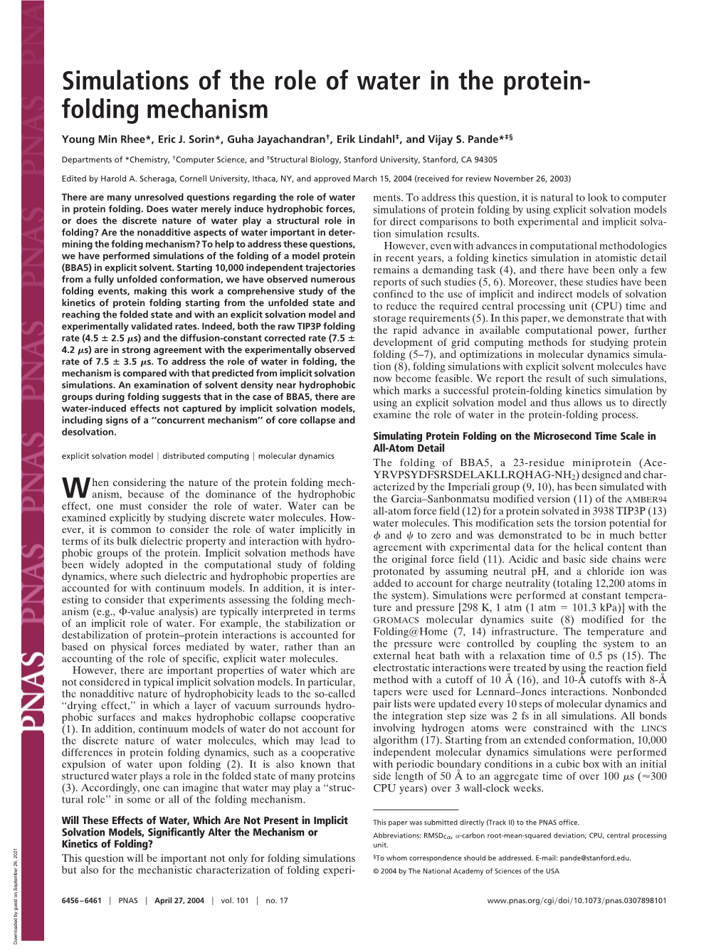 Simulations of the Role of Water in the Protein- Folding Mechanism