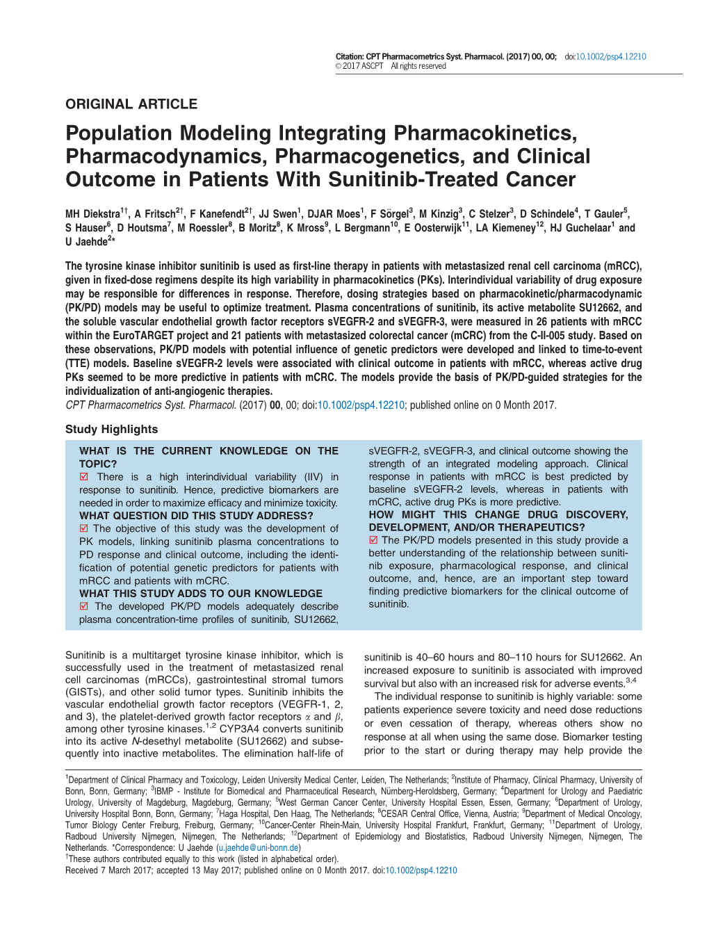 Population Modeling Integrating Pharmacokinetics, Pharmacodynamics, Pharmacogenetics, and Clinical Outcome in Patients with Sunitinib-Treated Cancer