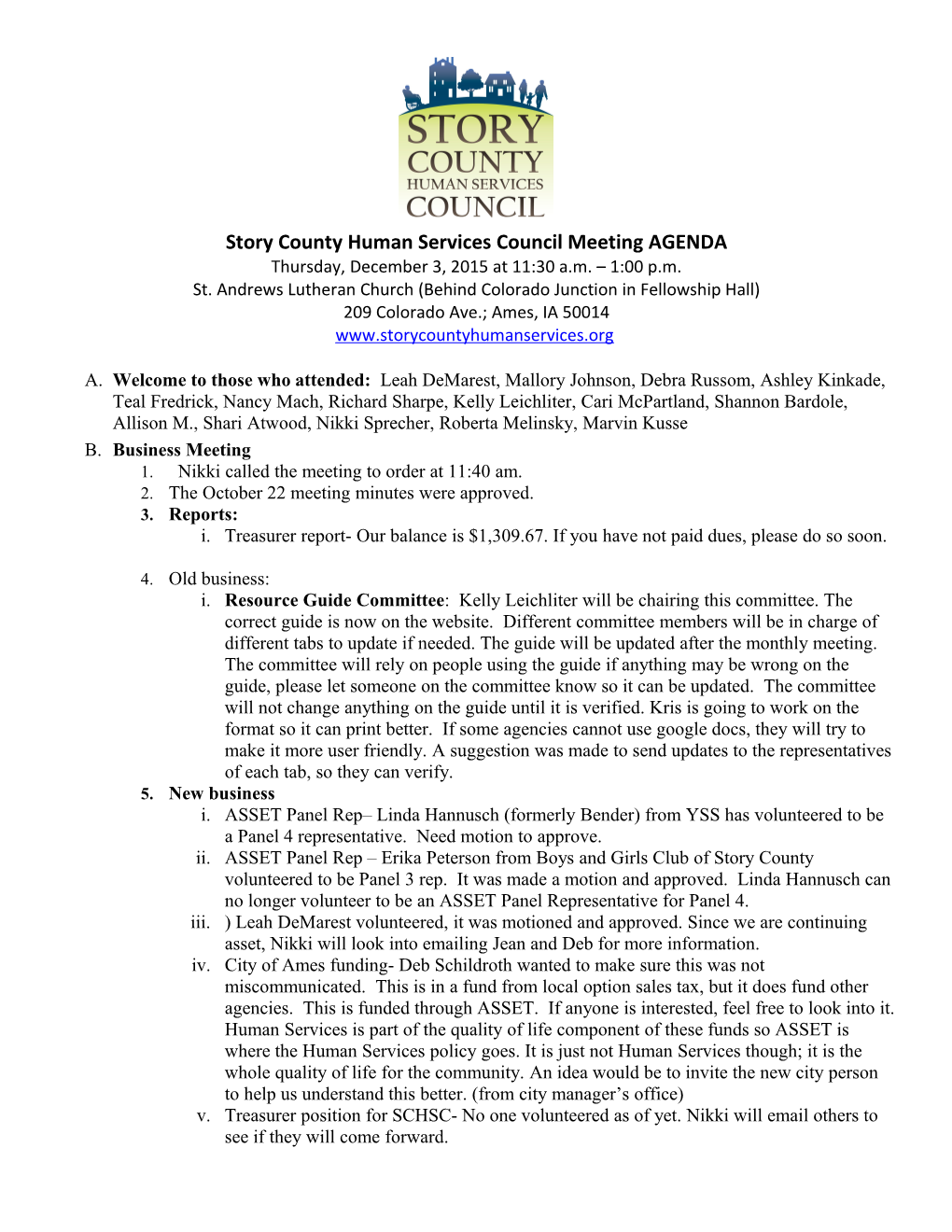 Story County Human Services Council Meeting AGENDA