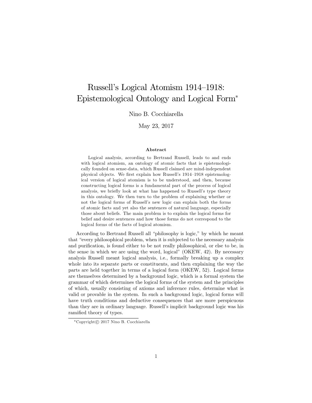 Russellms Logical Atomism 1914P1918: Epistemological