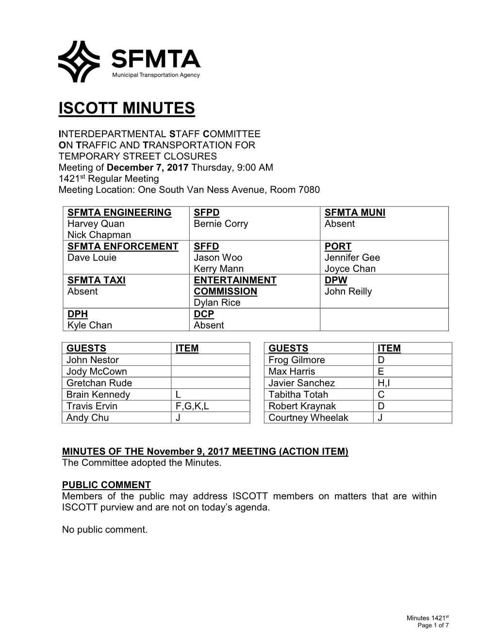 ISCOTT Meeting 1421, December 7Th, 2017