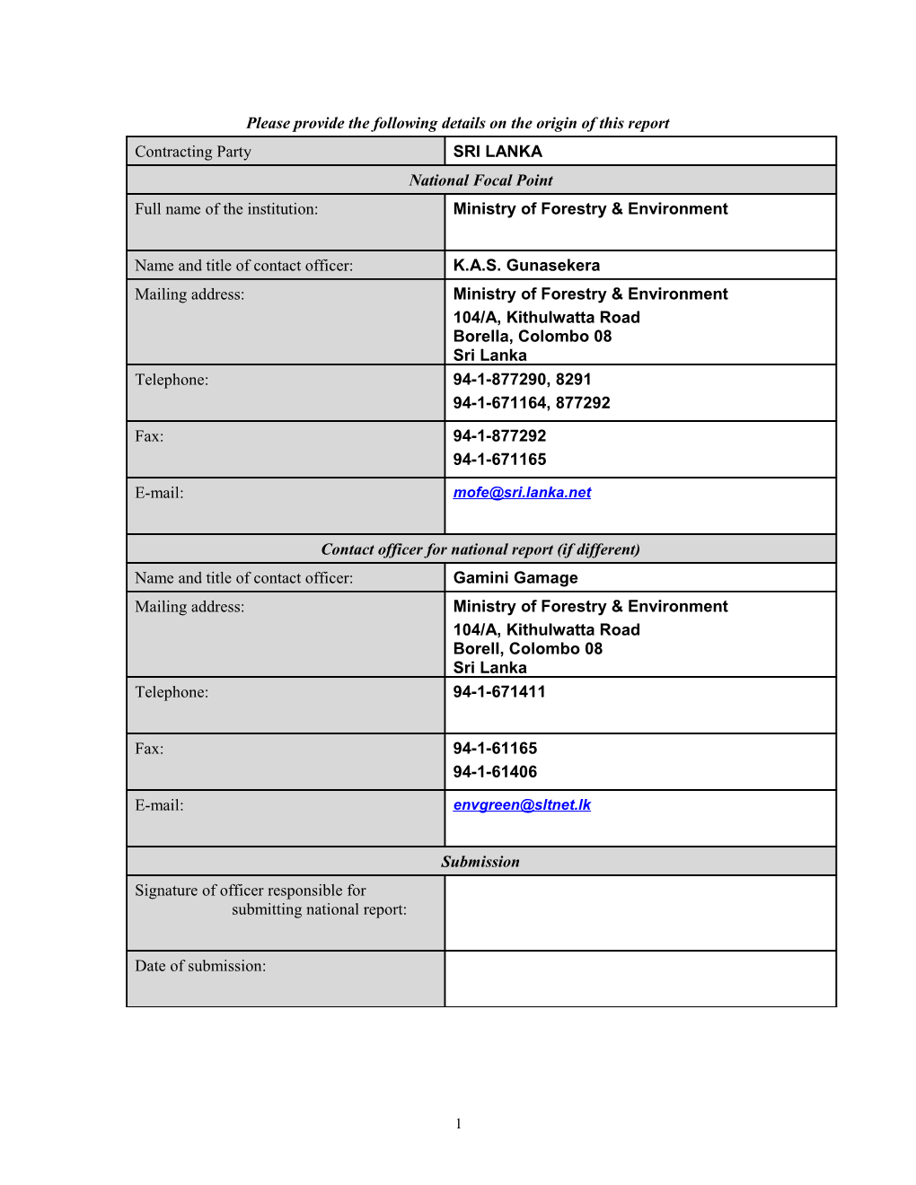 CBD Thematic Report on Alien Species - Sri Lanka (English Version)