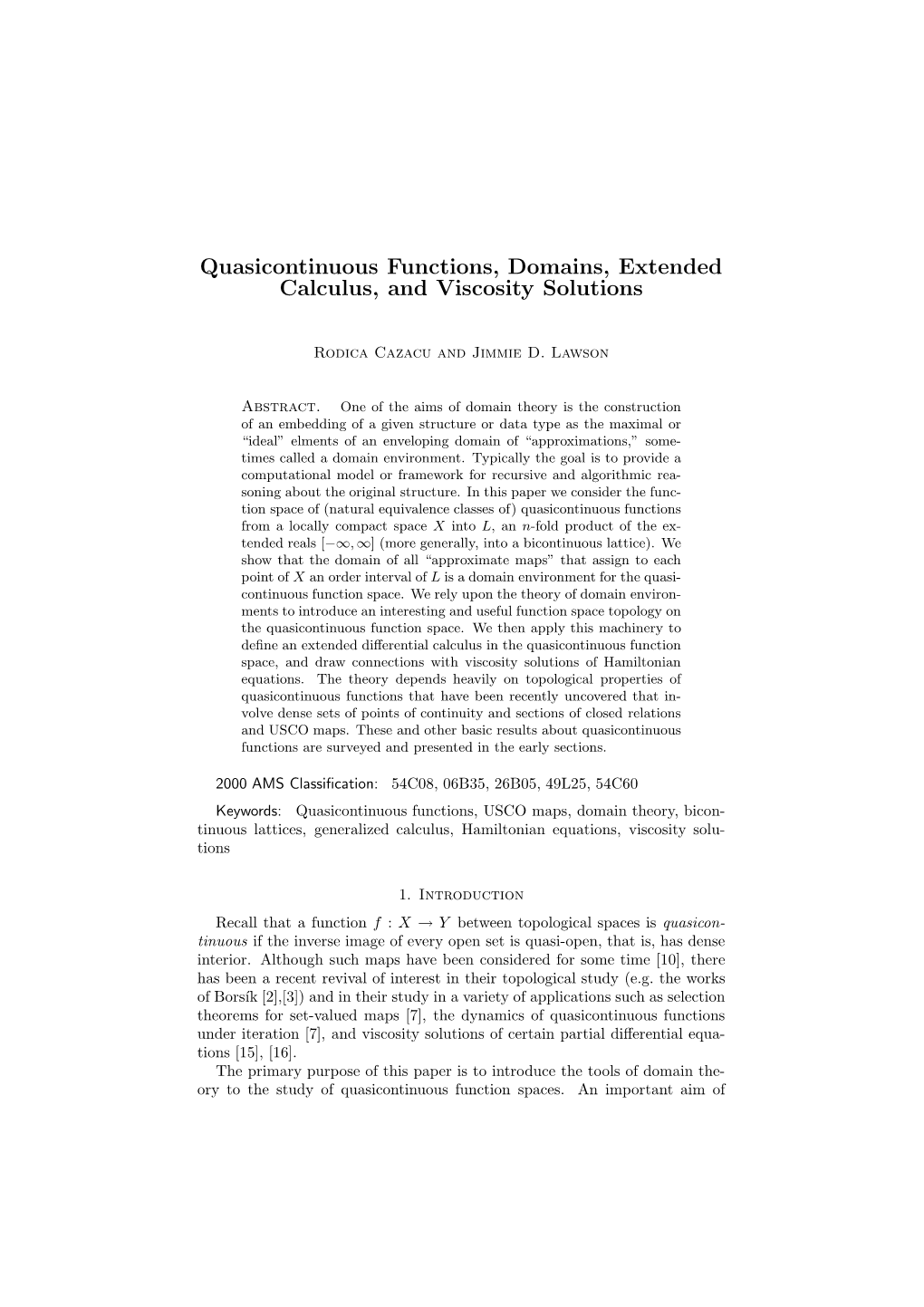 Quasicontinuous Functions, Domains, Extended Calculus, and Viscosity Solutions