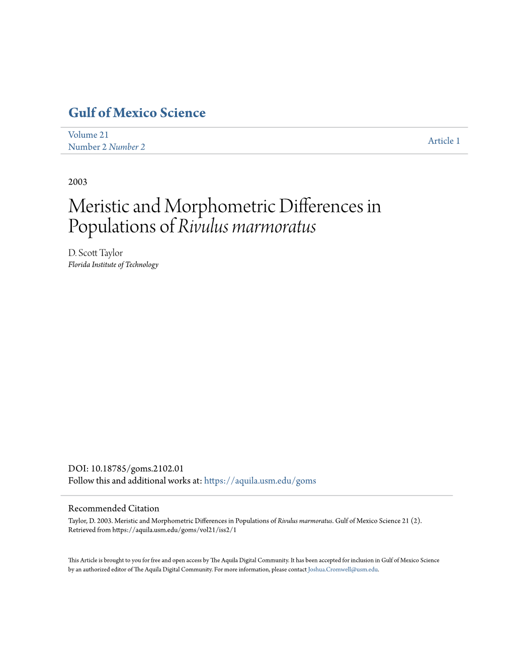 Meristic and Morphometric Differences in Populations of Rivulus Marmoratus D