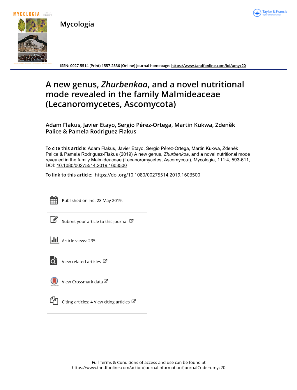 A New Genus, Zhurbenkoa, and a Novel Nutritional Mode Revealed in the Family Malmideaceae (Lecanoromycetes, Ascomycota)