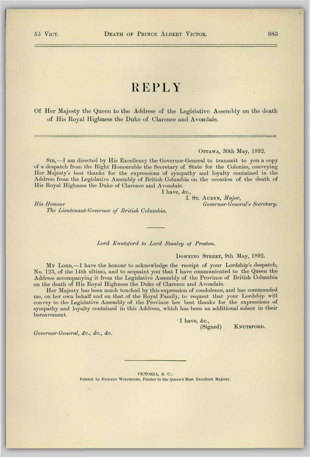 Of Her Majesty the Queen to the Address of the Legislative Assembly on the Death of His Royal Highness the Duke of Clarence and Avondale