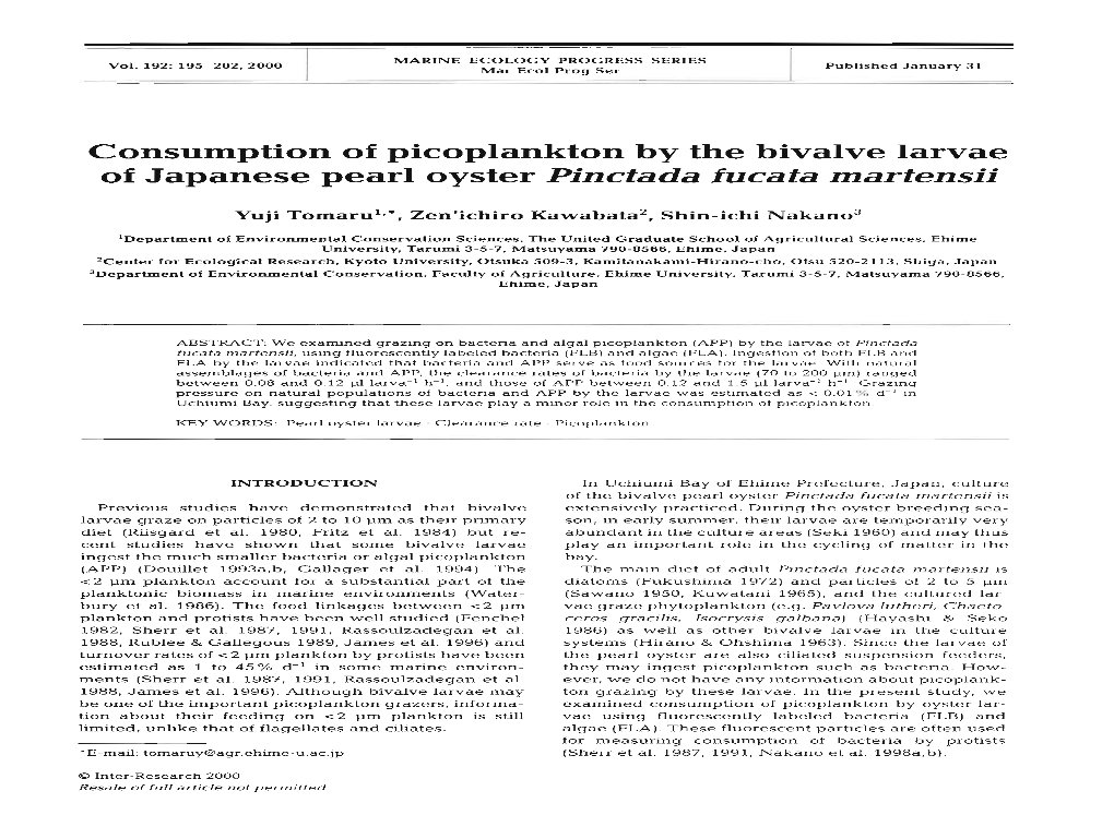 Consumption of Picoplankton by the Bivalve Larvae of Japanese Pearl Oyster Pinctada Fucata Martensii